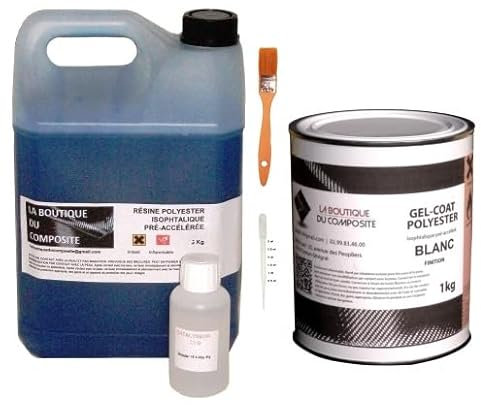 2Kg Résine polyester iso. Marine de stratification + 1Kg Gel-Coat Blanc + 60g de catalyseur + pipette + pinceau