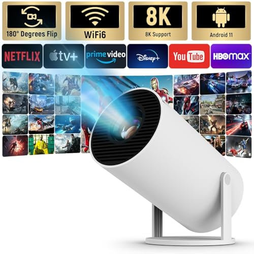 Mini Proyector Portátil Con Android 11, Auto Keystone, 4K, WiFi 2.4G/5G, BT 5.4, Pantalla 130 Pulgadas, Giratorio 180°, Cine en Casa, HDMI/USB