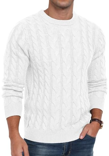 QIXING Maglione da uomo con motivo a treccia, girocollo, casual, a maniche lunghe, a maglia grossa, con polsini a costine, C bianco., S