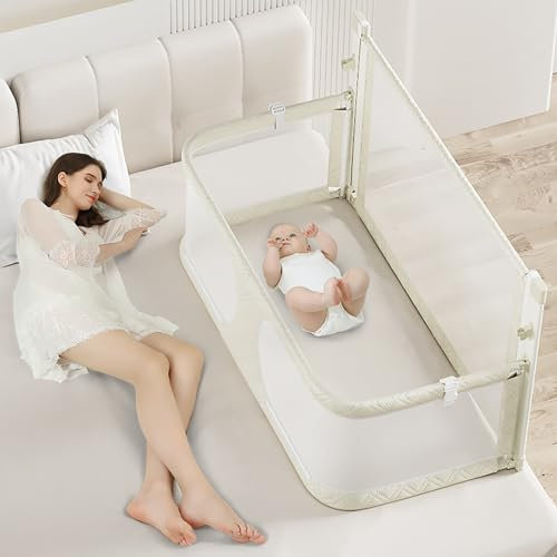 OVOGGPAN 3-in-1-Babywiege, Beistellbett Baby, Babybett, reisebetten Baby, Babyseitenschläfer, atmungsaktives und sichtbares Netzfenster, Babybett am Bett der Eltern befestigt(Milky White)
