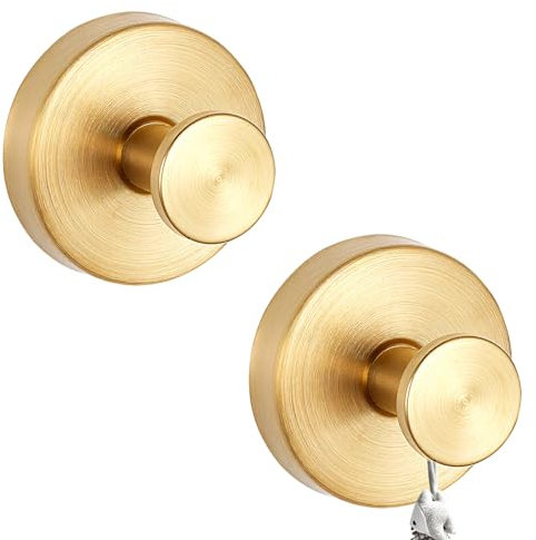 2 Pcs Vacuum Suction Cup Hooks, Shower Holder, Self Adhesive Towel Hanging Hooks, Stainless Steel Waterproof Heavy Duty for Bathroom Kitchen Glass Door (2, Gold)