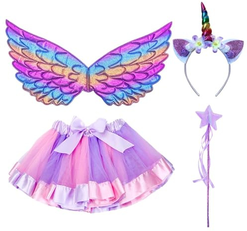 DKDDSSS Costume da principessa per ragazze, costume da fata per ragazze, costume da unicorno, con ali di farfalla, bacchetta magica e fascia per capelli, per bambine di 3-8 anni