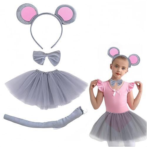 SDXCJY Lot de 5 costumes de ratatouille - Ensemble de costume d'animal - Oreilles de souris - Gants - Nœud papillon - Queue - Jupe tutu pour tout-petits - Costume pour Halloween, carnaval, fête (gris)