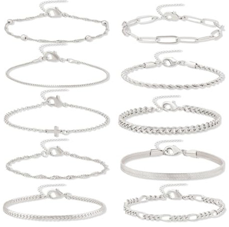 GUJOXILA 10pcs Silber Armband Damen Edelstahl Armbänder Set Verstellbare Damen Twist Figaro Kreuz Armband Silber Kettenarmbänder Charm für Damen Frauen