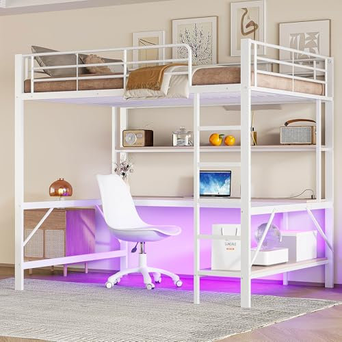 Arhatreya Hochbett 140x200 cm, Kinderbett mit Geländer, Metallbett mit USB und Steckdose, Jugendbett mit Schreibtisch und Regal, Bett für Kinder Jugendliche (Ohne Matratze) Metall, Weiß