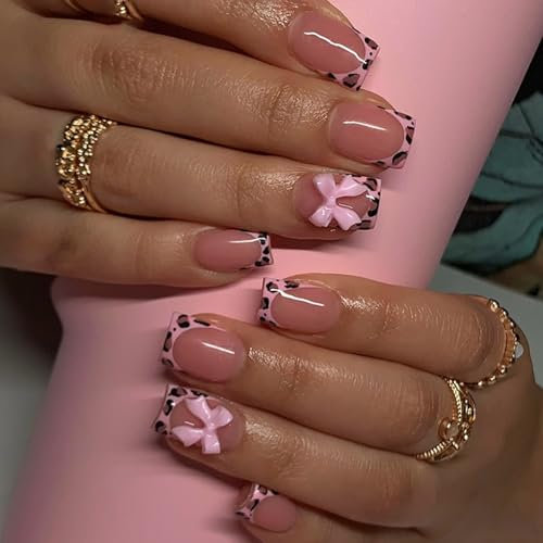 Ceboic 24Pcs Court Carré Faux Ongles Autocollants, Noeud Rose Ongles à Coller avec 3D Noeud Papillon Dessin French Press on Nails, Réutilisables Acrylique Ongles pour Femmes et Filles