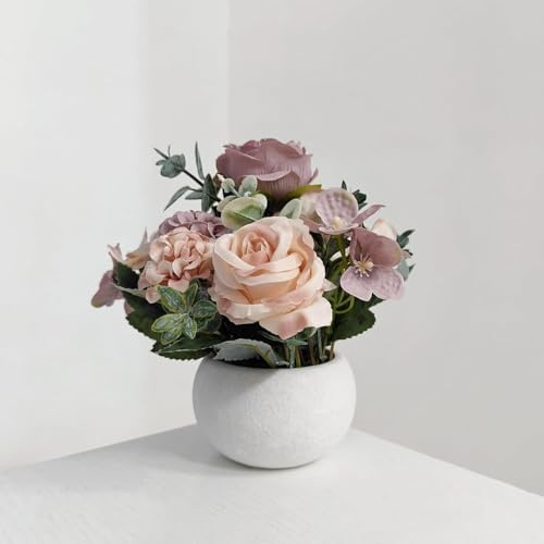 Honauo Künstliche Blume Mini Topfpflanze Set, lila Pfingstrose Hortensie Greenery + Pappmaché Runde Vase, kleine gefälschte Pflanze Topf Dekoration für Büro, Schlafzimmer