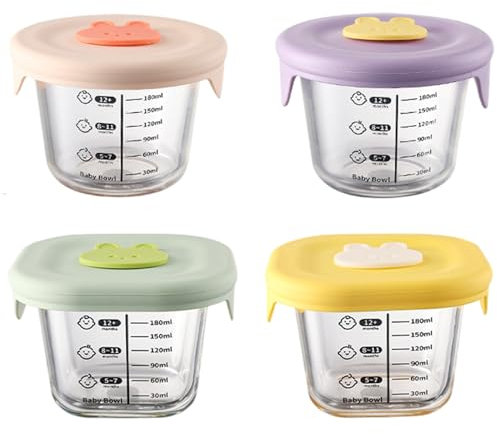 Frascos de alimentos para bebés, contenedores de alimentos para bebés 4pcs 230 ml de frascos de vidrio no tóxicos redondos y cuadrados con tapa y escala de silicona -20-400 ℃ Contenedores de almacena
