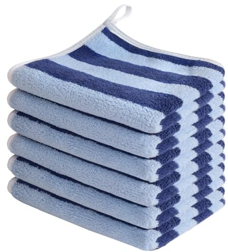 SINLAND 6 pcs Gesichtstücher Waschbar Abschminktücher Dunkelblau Streifen | Mikrofaser schnelltrocknende Waschlappen saugfähig Gesichtsreinigungstücher weiches Make up Entferner Tücher wiederverwendbar