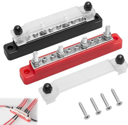 2 Pack Busbar, 150A 12V Bus Bar, 4 x 1/4 (M6) 6 x #8 (M4) Terminals Power Distribution Block Busbar with Cover, 48V Terminal Block for Marine Boat RV Car Solar Battery Terminal Distribution Block