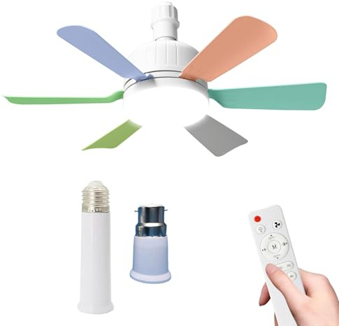 46cm Ceiling Fan Light Bulb Bayonet Fitting, Ceilings Fans with Light & Remote Control, Ceiling Fans Lights Dimmable, E27/B22 Ceilings Lamp with 6 Blade, 3 Speed Timing (B22-colorful+Extension rods)
