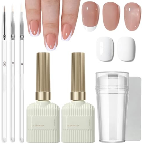 French Manicure Kit - White Gel Nail Polish & Jelly Nude - French Gel Set With Tip Stamp & 3pcs Nail Art Pen - Long Lasting UV/Led For Home & Daily DIY