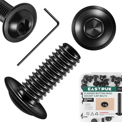 EASTPUK 50 tornillos M5 x 12 mm con brida de cabeza de botón, tornillos Allen M5, pernos de acero inoxidable 304 de óxido negro (con llave hexagonal)