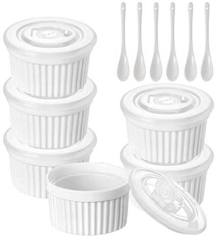 8 oz Porcelain Ramekins Set with Lids and Spoons 6 Pac