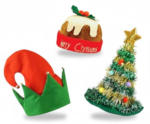 ZANGOC 3 Pack Exclusive Christmas Hats – Elf Hats with Bell Rings - Christmas Tree Hat with Tinsel and Gold Star Topper 43cm - Deluxe Warm Pudding Hat | Fancy Dress For Adults, Elf Costume,