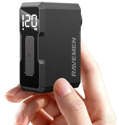 RAVEMEN EP01 Mini Pompa Elettrica per Bicicletta, Massima 120 PSI con manometro Portatile Pompa Arresto Automatico, Compatibile con Presta e Schrader Valvole per Bici da Strada e MTB, E-BIKE