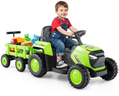 Maxmass Kids Ride on Tractor and Trailer, 12V Battery Powered Electric Construction Toy Car with Remote Control, USB, LED Headlights, Horn, Children Ride on Bulldozer for 3-8 Years Old (Green)