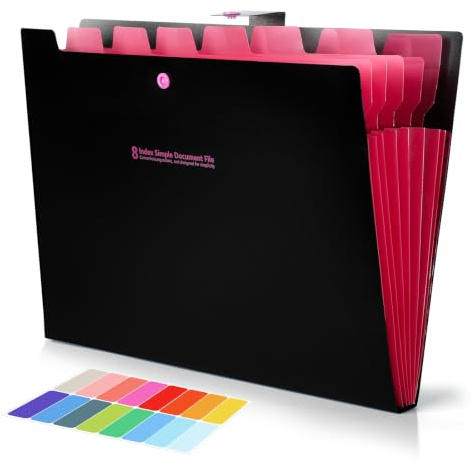 Fächermappe A4 8 Fächer, Dokumentenmappe mit sicherem Verschluss Schwarz | Wasserdichte Ordnungsmappe für Büro, Schule und Homeoffice, kontrastreiches Innenleben, inkl. Etiketten zum Aufkleben