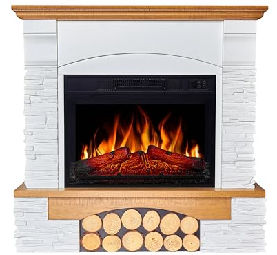 ArtiFlame Elektrischer Kamin Roxwell AF23S – Panorama-Glasfront, LED, Fernbedienung, Sound, Heizfunktion, Freistehend, Weiß/Natur-Eiche, Multifunktional, Groß