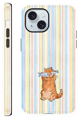 Niokfrci Gestreift Handyhülle für iPhone 15 Hülle 6,1, Aesthetic Sommer Striped Streifen Katze Fisch Collage Muster Design Mädchen Schutzhülle Zweischichtige Stoßfest Glitter Silikon TPU Case, Bunt