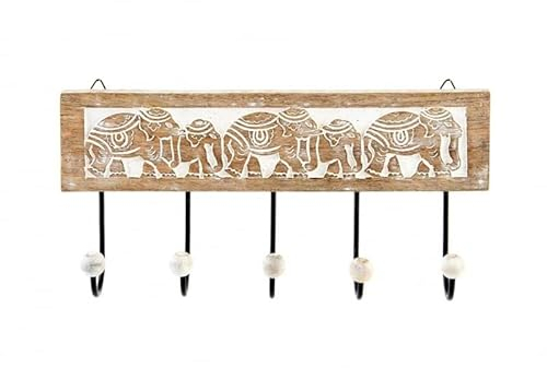 DCasa – Garderobe, 5 Wandhaken, Holz, Elefanten, geschnitzt, 38 x 18 cm