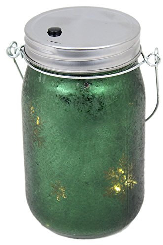 Carousel Home and Gifts Frosted Glass Light Up Snowflake LED Mason Jar Christmas Lantern With Handle ~ Green
