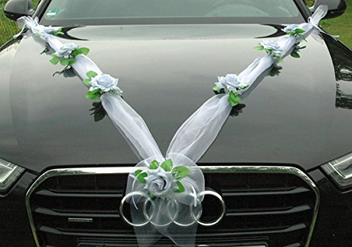Organza M + Herzen Braut Paar Rose Deko Dekoration Autoschmuck Hochzeit Car Auto Wedding Deko Ratan Girlande ®Auto-schmuck PKW (Silber/Weiß/Weiß)