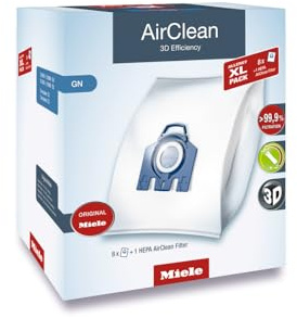 Miele Genuine GN HyClean Air Vacuum Bags for Miele Complete C2 and Complete C3 Vacuum Cleaners, Allergy XL Pack of 8 Vacuum Bags and 1 HEPA AirClean Filter