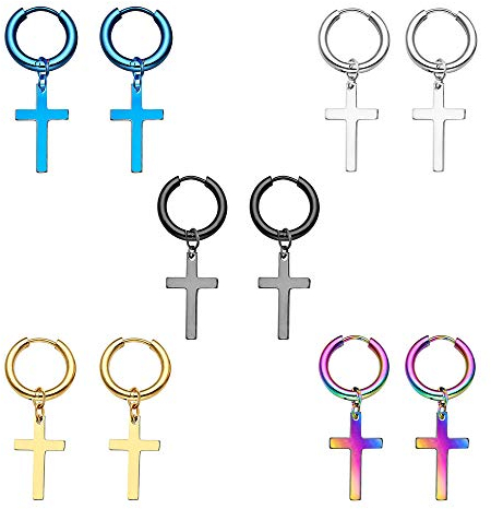 Epoch World 5 Paare Set Edelstahl Creolen Ohrringe für Herren Damen, Ohrringe Herren Schwarz, Ohrringe Kreuz silber, Ohrringe Männer Creolen Silber, Ohrringe Creolen Gold Herren Anhänger Piercing