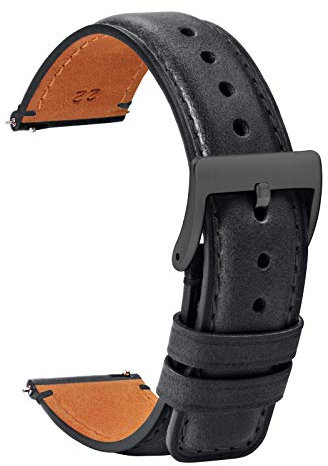 TStrap Leder Uhrenarmband 22mm - Weich Schwarz Quick Release Uhrenarmbänder Ersatz - Sport Uhrenarmband für Herren Damen - Smartwatches Armband mit Schwarz Schließe Haspe - 18mm 20mm 22mm