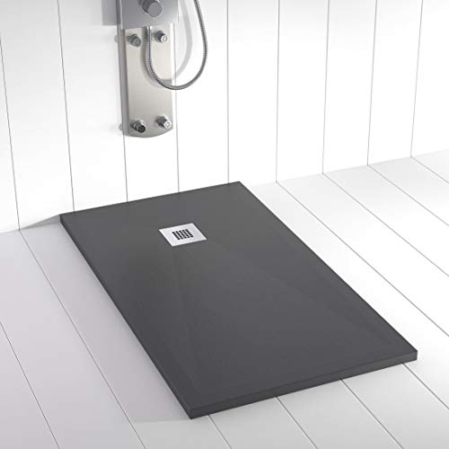 Receveur de douche en résine PLES Anthracite 80x70 – Texture ardoise – Antidérapant – Grille et siphon inclus