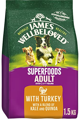 James Wellbeloved Adult Superfoods 1,5 kg Beutel, hypoallergenes Hundetrockenfutter Hundefutter, Truthahn mit Grünkohl & Quinoa