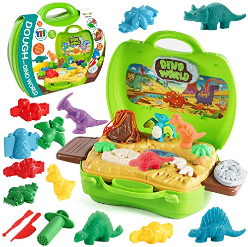 Dinosaurier Knete Set für Kinder, 37 Teile, Dino-Teig Werkzeuge und Formen Knete Zubehör mit Vulkan und Fossilien für Kinder Jungen Mädchen