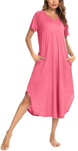 Nieery Night Shirts Womens, Cotton Nightdress Short Sleeve V neck Long Nightgowns Sleep T Shirt Summer Dress (Red, XX-Large)