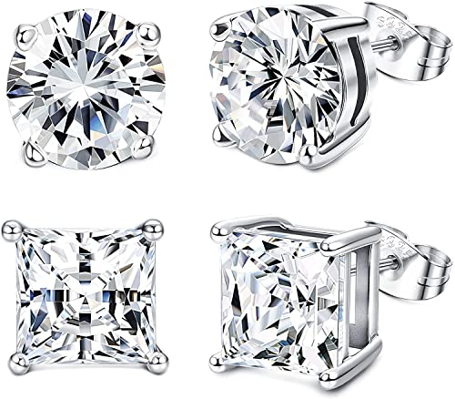 MILACOLATO 2 Paar Sterling Silber Ohrstecker für Damen Herren 18 Karat Weißgold Plattierte Ohrringe Runde Quadratische Simulierte Diamant CZ Ohrstecker