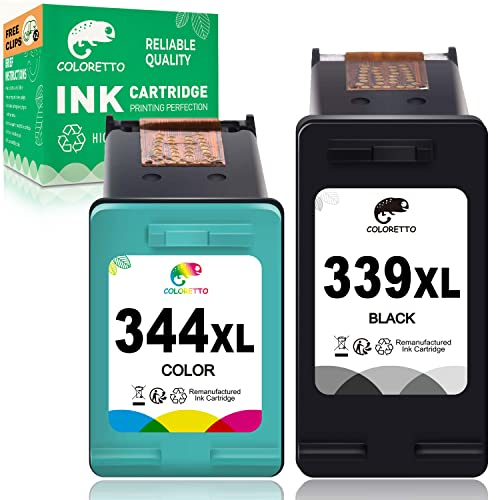 COLORETTO Wiederaufbereitet Tintenpatrone als Ersatz für HP 339XL 344XL 339 344 XL (1 Schwarz,1 Farbe) für DeskJet 5490 OfficeJet Pro K7103; PhotoSmart 2570 2710xi 8000 PhotoSmart Pro B8330 PSC 2305