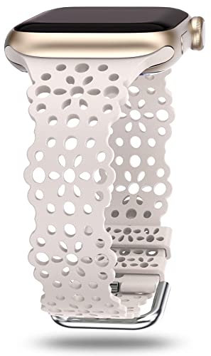 TOYOUTHS Lace Silicone Strap Compatible with Apple Watch Strap 38/40/41mm, Women Slim Cute Sport Strap for iWatch Series 9/8/7/6/5/4/3/2/1/SE, Breathable Waterproof Soft Strap, Starlight