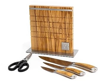 CHEF CUISINE Messerset mit Messerblock Olivenholz 5-teilig – hochwertiger Messerblock magnetisch mit Messern handgeschmiedet, rostfreier Klingenstahl, ergonomischer Olivenholzgriff