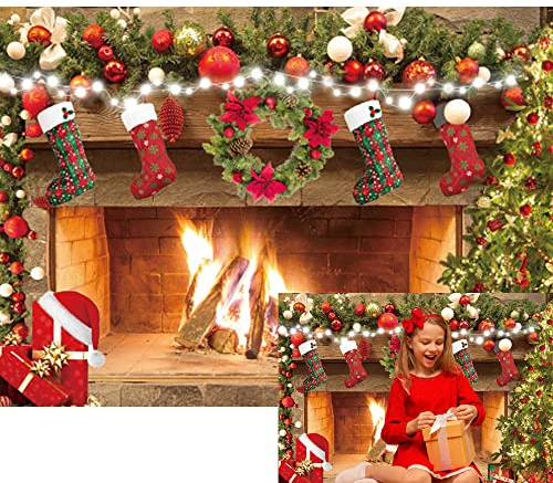 Christmas Fireplace Theme Photography Background Merry Christmas Socks Trees Family Party Decorations Photo Backdrop (8x6ft)