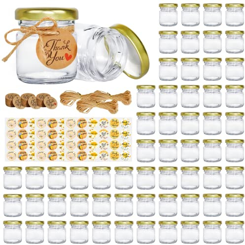 GIVAMEIHF Mini-Honiggläser, 42,5 ml, 60 Stück mit 60 Bienenaufklebern, Etiketten, Juteseil, Mini-Honiggläser mit Deckel, perfekt für Kerzengläser, Gewürze, Marmeladen, Babypartys