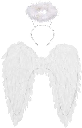 Winwild Engelsflügel mit Heiligenschein,Engel und Teufel Flügel Kostüm für Damen und Mädchen Kinder für Halloween Karneval Cosplay Party Fasching Kostümparty Verkleidung(Weiß,45 x 45 cm)