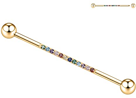 14G Industrial Barbell Chirurgenstahl Industrial Piercing Schmuck Gold Industrial Barbell 38 mm langer Gerüststab Industrial Bar mit Mix Color CZ Knorpelohrring Helix-Ohrringe für Damen Herren
