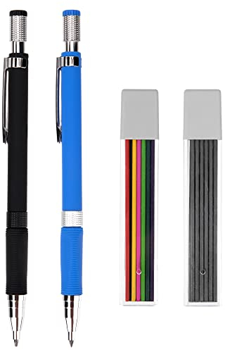 Kmbcove Porte Mines 2mm Crayons Mécaniques avec 24 pcs Mines de Couleur et Noir Anti-fracture Mechanical Pencil pour le dessin, l’écriture, la fabrication, l’esquisse, le charpentier