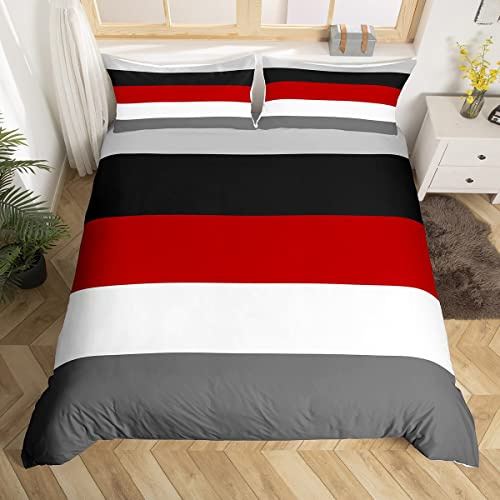 Homewish Red Black Stripes King Size Duvet Cover Set with 2 Pillowcases - 100% Soft & Breathable Polyester, Zip Closure - Geometric Striped Bedding - Modern Simple Pattern with Black Reverse