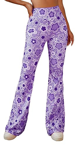 EVELUST 70er Jahre Schlaghose Für Damen – Boho 60er Hose Hippie Blumen High Waist Outfit Disco Kostüm Yogahose Leggings(Purple, XL, 1050w)