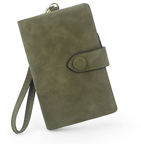 SNCCJ Portefeuille bloquant les RFID pour femme, grande capacité en cuir souple pour femme, petit portefeuille avec dragonne, vert olive, Décontracté