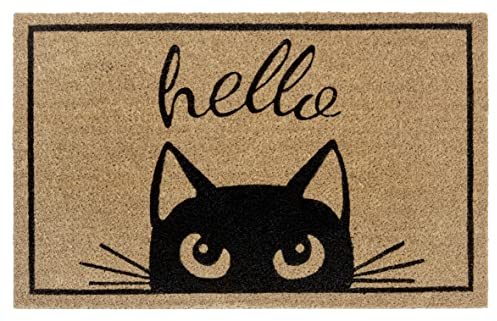 Hanse Home Fußmatte Kokos 45x70cm – rutschfeste Schmutzfangmatte Natur für Innen, Fußabtreter Hello Katze Kokosfaser Kokosmatte für Eingangsbereich & überdachten Außenbereich