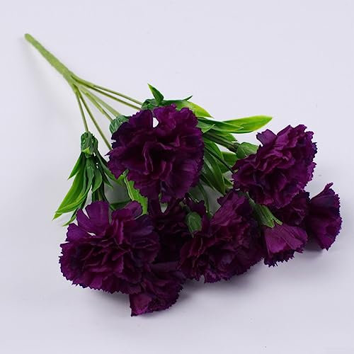 Künstliche Blumen aus Kunststoff, 11 Köpfe, künstliche Nelken, Dianthus Caryophyllus Bouquet Dekor, Dunkelviolett