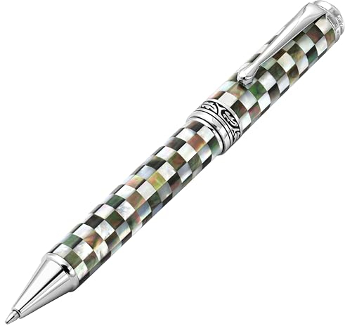 Xezo Maestro Jubilee Stylo à bille Twist Action, pointe moyenne. Blanc océanique à carreaux et nacre noire. Chromé. Édition limitée, seulement 223 pièces fabriquées. Il n'y a pas deux stylos pareils
