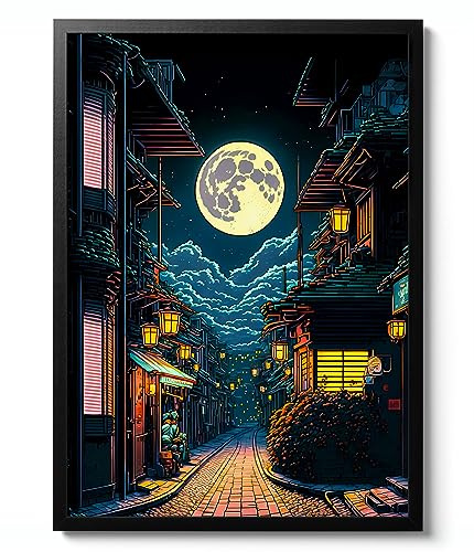 Neon Village Druck, Pixel Art Poster, Neon Tokyo Wandkunst, Manga Arcade Wohnkultur, Anime Geschenkidee, Archiv matt, A2 (gerahmt) – 59,4 x 42 cm